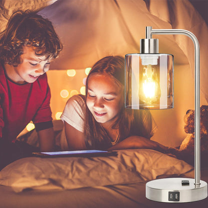 Set of 2 Industrial Touch Control Table Lamps with USB C+A Ports and AC Outlet - 3-Way Dimmable Black Bedside Lamps Nightstand Desk Lamps for Bedroom Living Room, Glass Shade & 2 LED Bulbs Included