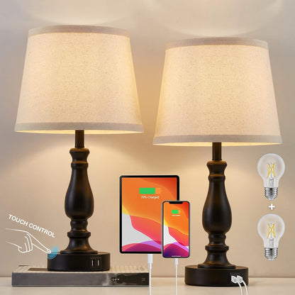 EJIAXIN Lamps for Bedrooms Set of 2, Brushed Nickel Bedside Lamps with USB C+A Ports,Dimmable Nightstand Lamps with Fabric Lampshade, Touch Table Lamp for Living Room Bedroom Office, Bulbs Included