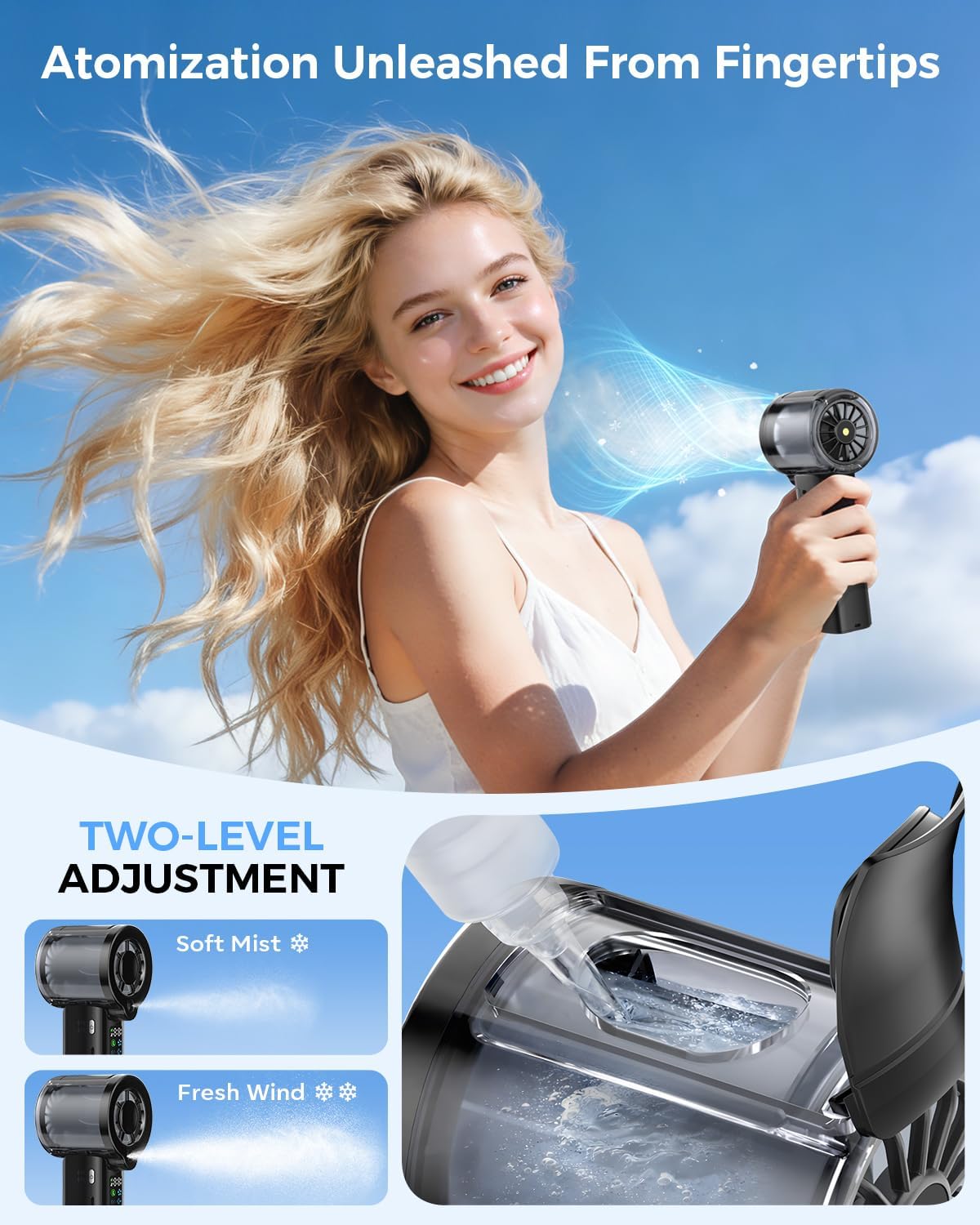 Doge&Vollar Portable Misting Handheld Fan,4‑in‑1 Spray Cooling Turbo Fan,5000mAh Rechargeable,Up to 30H Runtime,100‑Speed Wind,Flashlight SOS Mode,Compact Lightweight,Summer Gifts for Men Women,Black