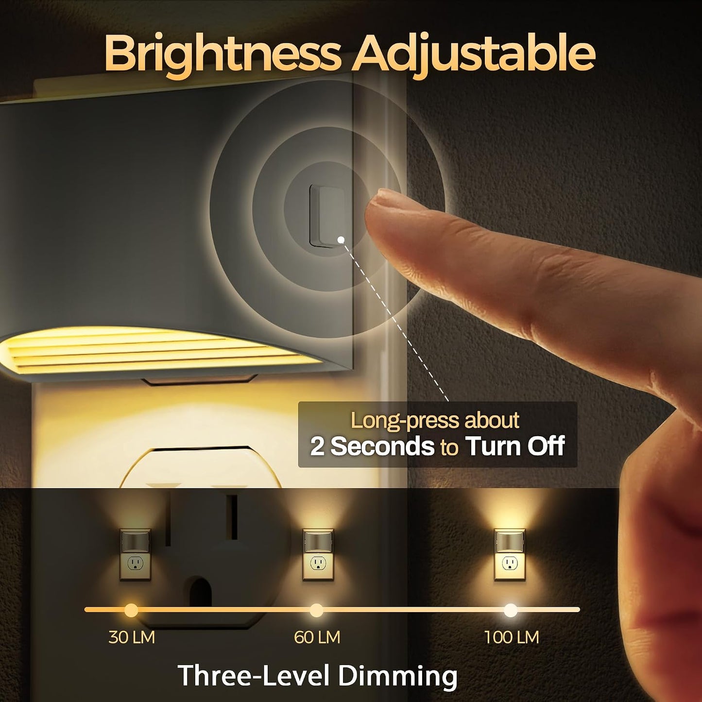 DORESshop LED Night Light[2 Pack], Night Lights Plug into Wall, 3 Level Brightness Adjustable Plug in Night Light, Dusk to Dawn Sensor, Nightlights for Adults, Bedroom, Bathroom, Hallway, Amber