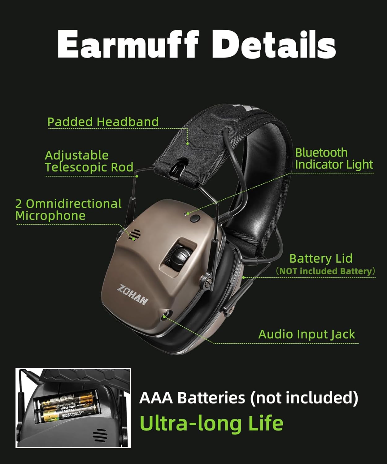 ZOHAN 035 Bluetooth 6.0 Shooting Ear Protection Earmuff, Active Noise Canceling, Hearing Protection with Sound Amplification (Green Bluetooth)