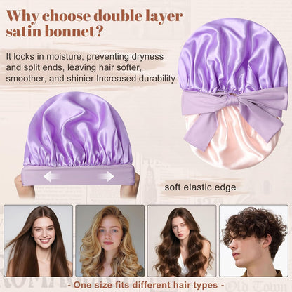 Satin Bonnet for Sleeping Cap Double Layer Hair Bonnet with Elastic Tie Band for Curly Hair Night Cap (Bean Paste + Pink)