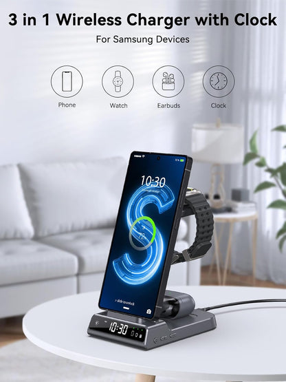 Wireless Charger for Samsung S25 with Clock 3 in 1 Android Charging Station