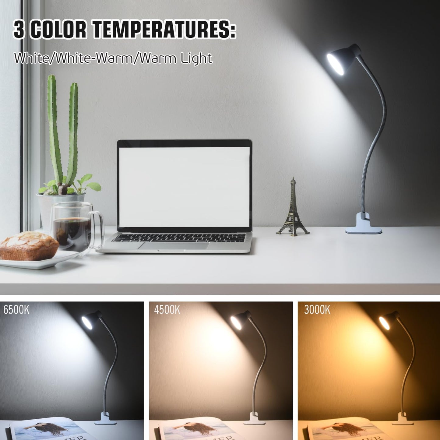 CRI 90+ Eye-Care Clip Light for Reading, 6W Small Clamp Lamp for Desk, Flexible Gooseneck Clip Lamp for Bed Headboard with 3 Color Modes & 10 Brightness(Adapter Include)