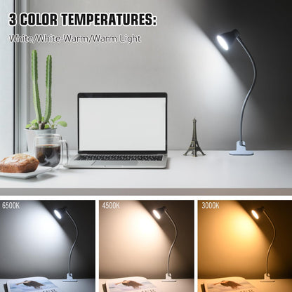 CRI 90+ Eye-Care Clip Light for Reading, 6W Small Clamp Lamp for Desk, Flexible Gooseneck Clip Lamp for Bed Headboard with 3 Color Modes & 10 Brightness(Adapter Include)