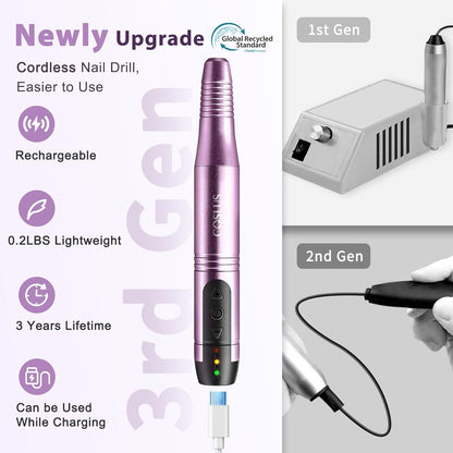 COSLUS C20 Cordless Nail Drill Electric File: Professional for Acrylic Gel Dip Powder Nails, Portable All-in-One Nail Drill Machine Kit for Manicure & Pedicure, Rechargeable Lightweight, Purple