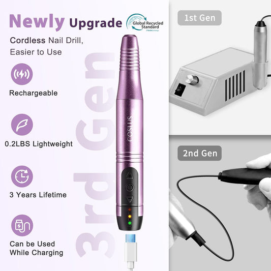COSLUS C20 Cordless Nail Drill Electric File: Professional for Acrylic Gel Dip Powder Nails, Portable All-in-One Nail Drill Machine Kit for Manicure & Pedicure, Rechargeable Lightweight, Purple