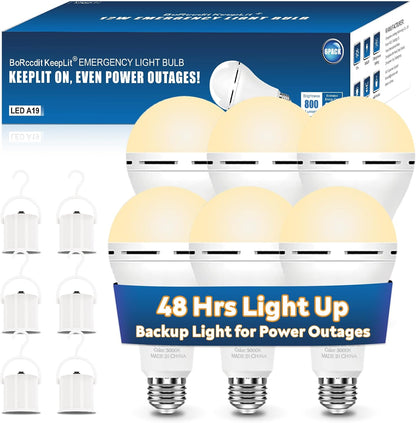 BoRccdit KeepLit 8 Pack Emergency Rechargeable Light Bulbs, 48H Long Lasting & 3 Brightness Power Outage Lights,12W 5000K Battery Backup Emergency Light Bulbs for Home Power Failure Hurricane