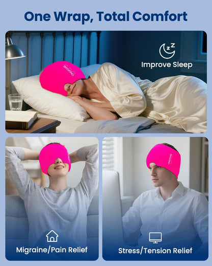 ONLYCARE Migraine Relief Cap, Upgraded Headache Relief Cap with Odorless Reusable Gel Head Wrap, Soothing Face Ice Pack Mask Products with Hot & Cold Therapy for Tension, Stress, Hangover & Puffy Eyes