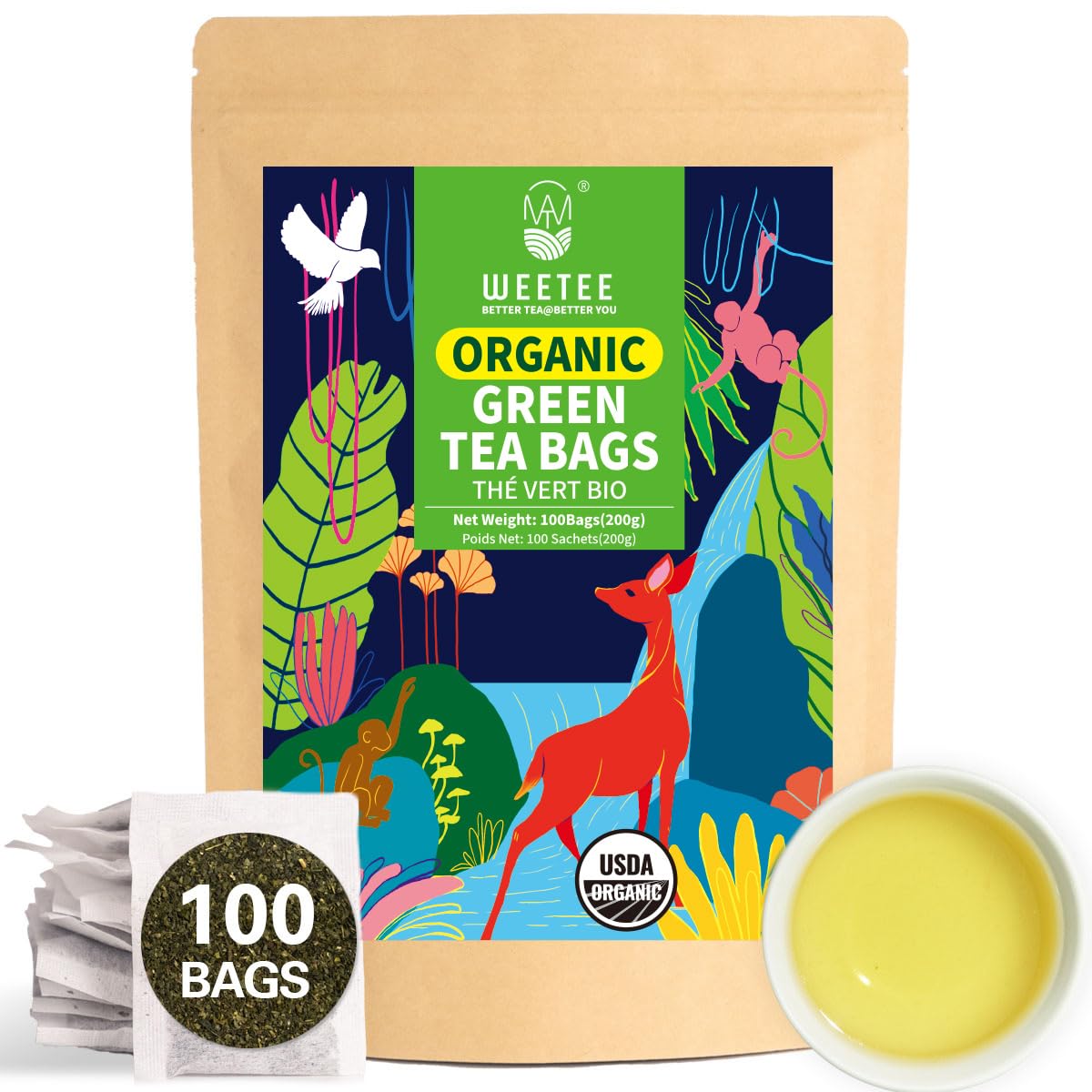WT WEETEE Organic Green Tea Bags 100ct, Caffeinated & Super Antioxidant