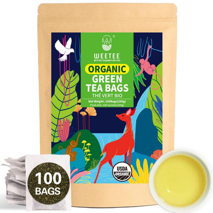 WT WEETEE Organic Green Tea Bags 100ct, Caffeinated & Super Antioxidant