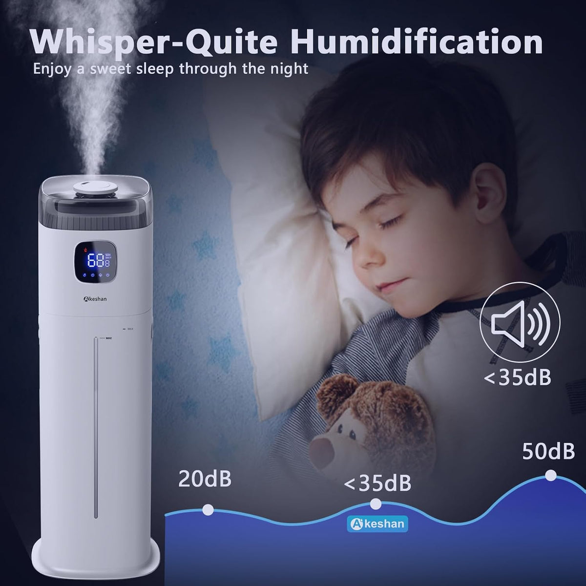 Akeshan Large Humidifiers for Bedroom, 9L/2.5Gal Ultrasonic Cool Mist Humidifier, Top Fill Easy Clean with 350ML/H Large Mist Speed, Quiet, Suitable for Kids Room Plant Yoga Office Study Room Living