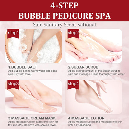 Pedicure Kit Foot Soak Set: Bubble Salt, Sugar Scrub, Massage Mask, Massage Lotion in a Box, 4 Step Foot Spa Kit for Dry Feet, Softens Calluses, Tired Feet（ Lavender) - Colors B