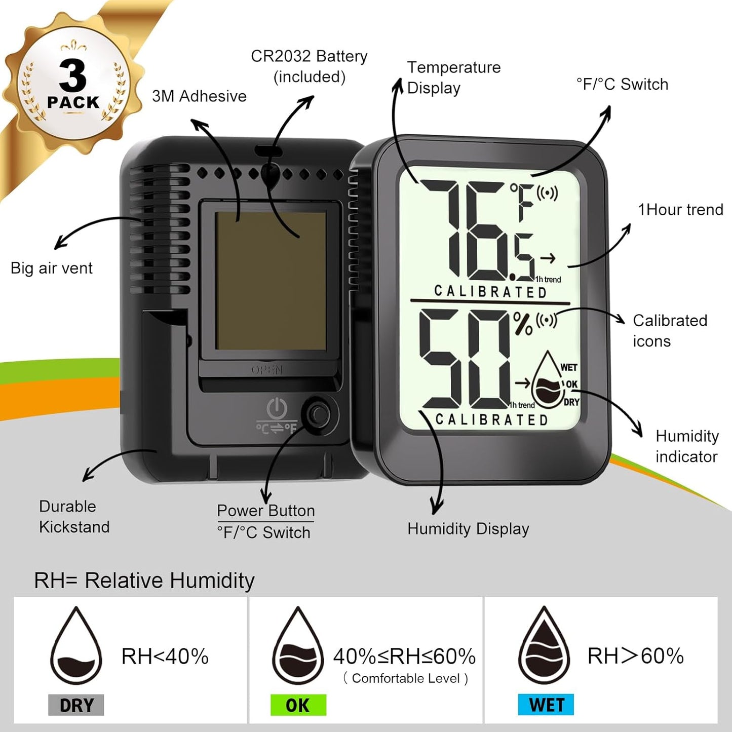 3 Pack Room Thermometer Indoor Hygrometer Digital Mini Humidity Meter Gauge with Temperature and Humidity Monitor Sensor for House, Pet, Plant, Incubator - Battery Included