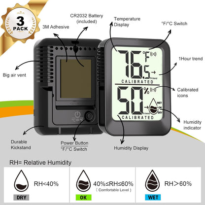 3 Pack Room Thermometer Indoor Hygrometer Digital Mini Humidity Meter Gauge with Temperature and Humidity Monitor Sensor for House, Pet, Plant, Incubator - Battery Included