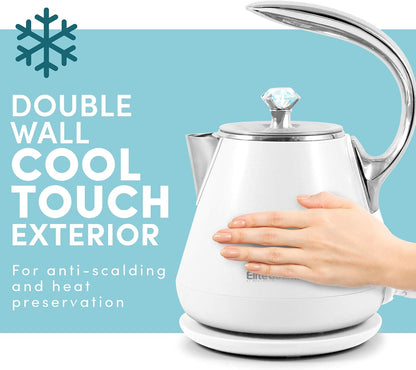 Elite Gourmet 1.7L Dual Wall Cool Touch Electric Tea Kettle, Borosilicate Glass, 304 Stainless Steel Interior, Programmed Digital Touchscreen, Keep Warm, Auto Off & Audible Indicator, Black