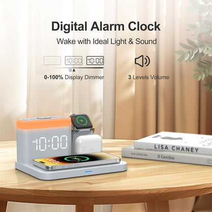 ANJANK Wireless Charging Station,5 in 1 Multiple Charger Stand with Alarm Clock,7 Night Light,Magnetic Charging Dock for iPhone 18 17 16 15 14 13 Pro Max Plus,Apple Watch 11/10/9/8,for Airpods,Bedroom