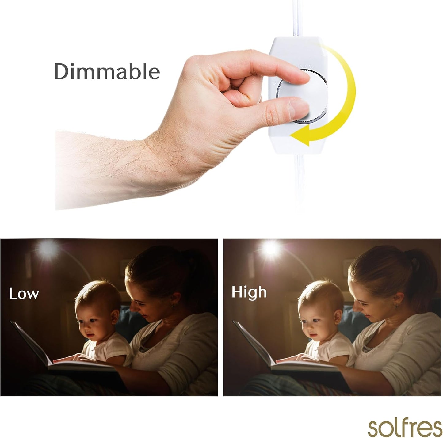 Solfres Patented Innovative Design Headboard Reading Light. No Drilling Golden Book Light for Bedtime Reading. Dimmable LED Book Reading Lamp with Bulb. Movable & Flexible, Black