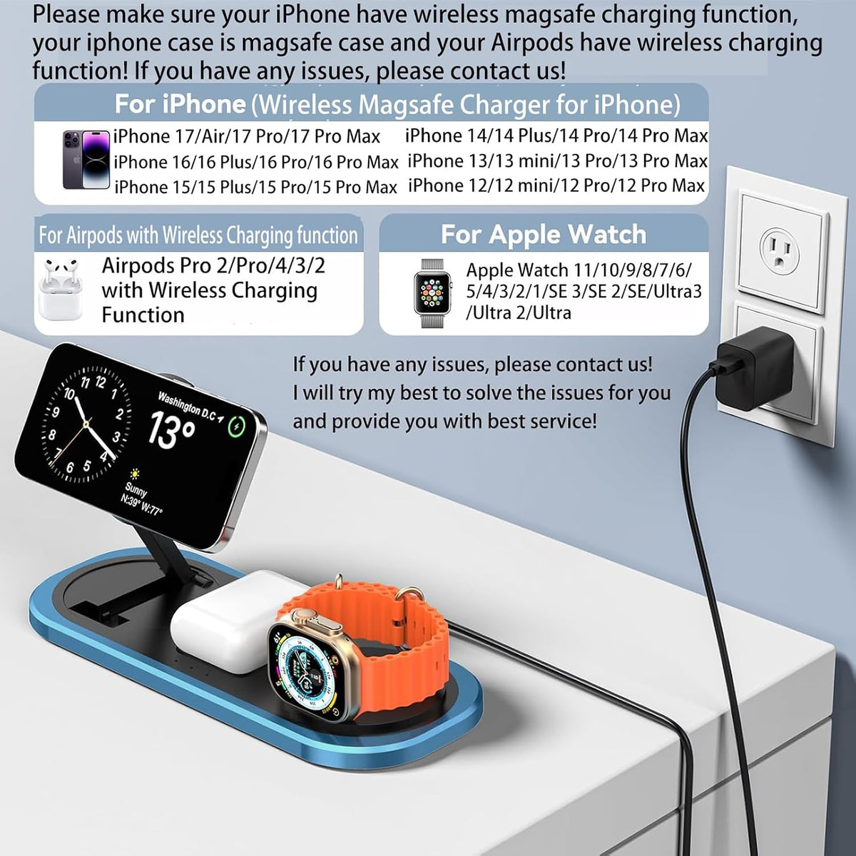 3 in 1 Fast Wireless Charger Stand for iPhone, Foldable Travel Charging Station for Magsafe for iPhone 17/Air/16/15/14/13/12 Series, Apple Watch Series, AirPods pro/2/3/4, Gifts for Women Men (Golden)