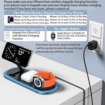 3 in 1 Fast Wireless Charger Stand for iPhone, Foldable Travel Charging Station for Magsafe for iPhone 17/Air/16/15/14/13/12 Series, Apple Watch Series, AirPods pro/2/3/4, Gifts for Women Men (Golden)