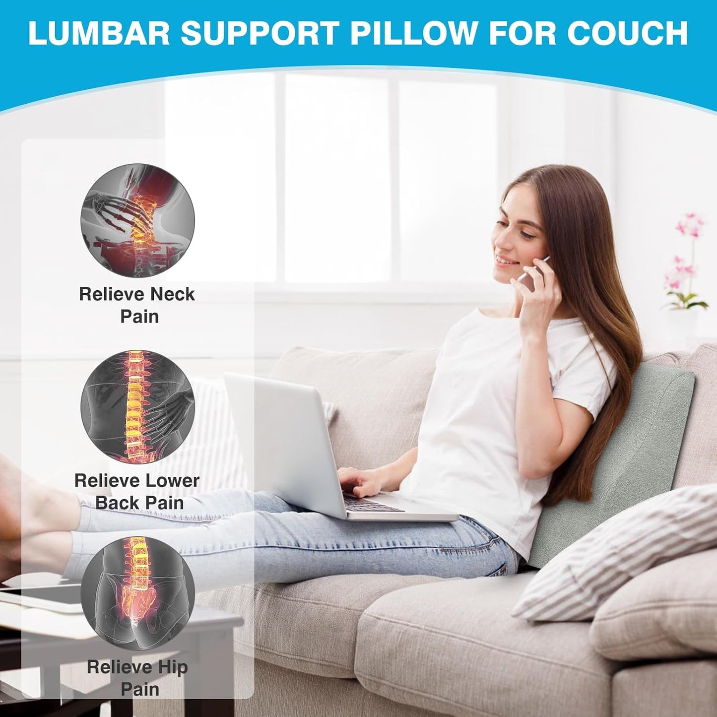Back Support Pillow for Recliner Dual Layer Lumbar Support Pillow with Gel Memory Foam Ergonomic Orthopedic Couch Lumbar Cushions for Elderly Lower Back Pain Relief Washable Cover Brown
