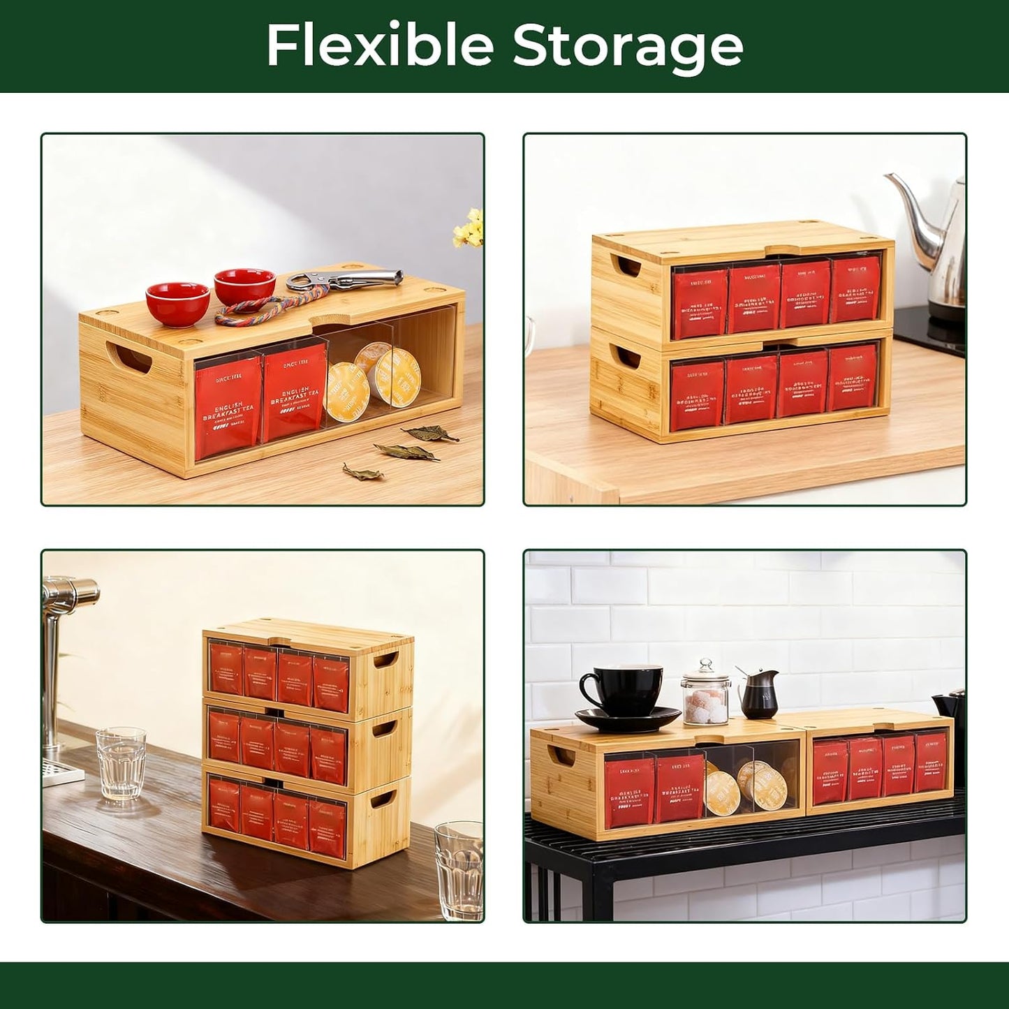 Bamboo Stackable Tea Bag Organizer, 2-Piece