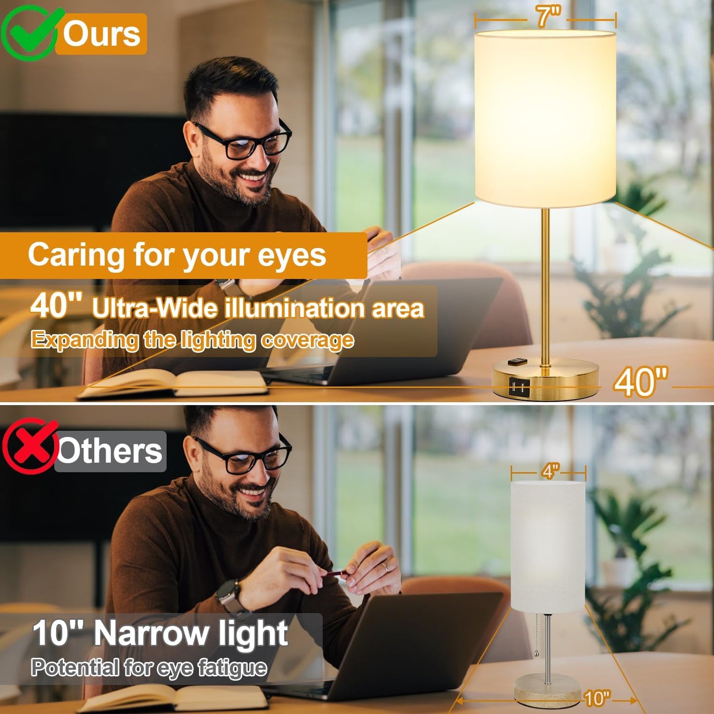 Set of 2 Touch Control Table Lamps with 2 USB & AC Outlet, 3-Way Dimmable Bedside Nightstand Lamps for Bedroom Living Room Nursery, 800 Lumens 5000K Daylight Bulbs Included