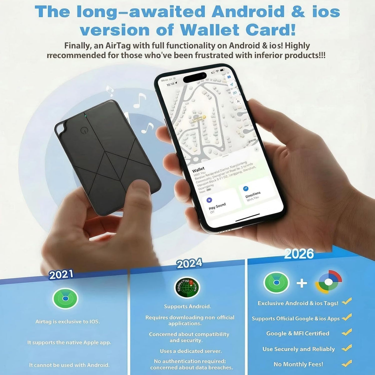 Ultra-Thin Rechargeable Wallet Tracker Card – Compatible with Apple Find My & Android, Bluetooth Key Finder for Men Women, Slim GPS Locator for Luggage Passport Keys, Anti-Loss Travel Must-Have