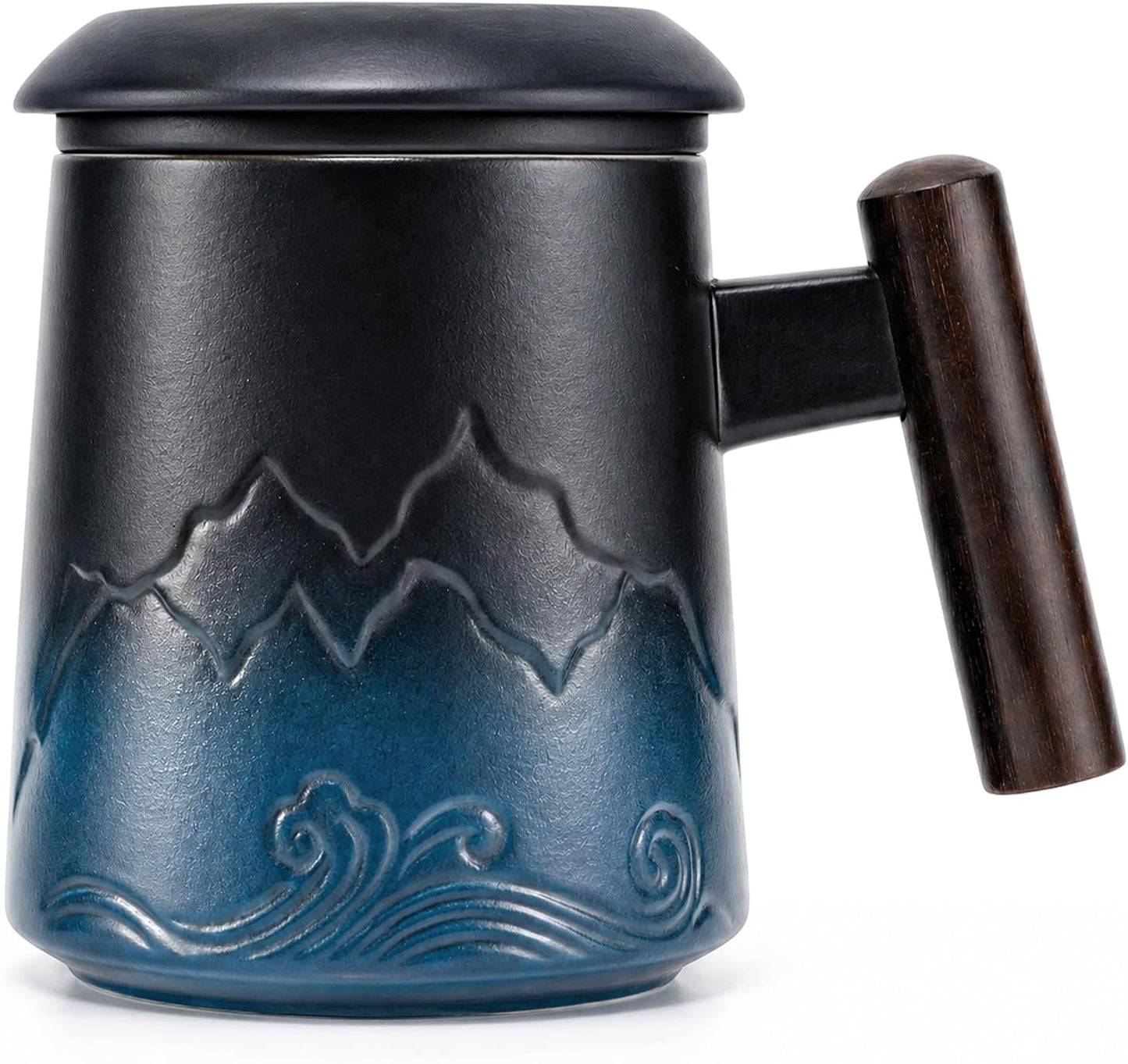 Tea Cup with Infuser and Lid, 14oz Ceramic Loose Leaf Tea Steeper Cup with Wood Handle and Cup Lid, Blue, Black