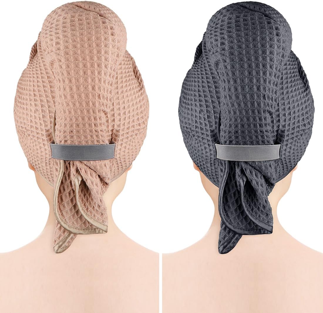 GLIMGLINT 2 Pack Black Microfiber Hair Towel Wrap for Long, Thick, Curly Hair, Super Soft, Fast Drying Waffle Hair Towel Wrap with Elastic Strap 40"X26.5"