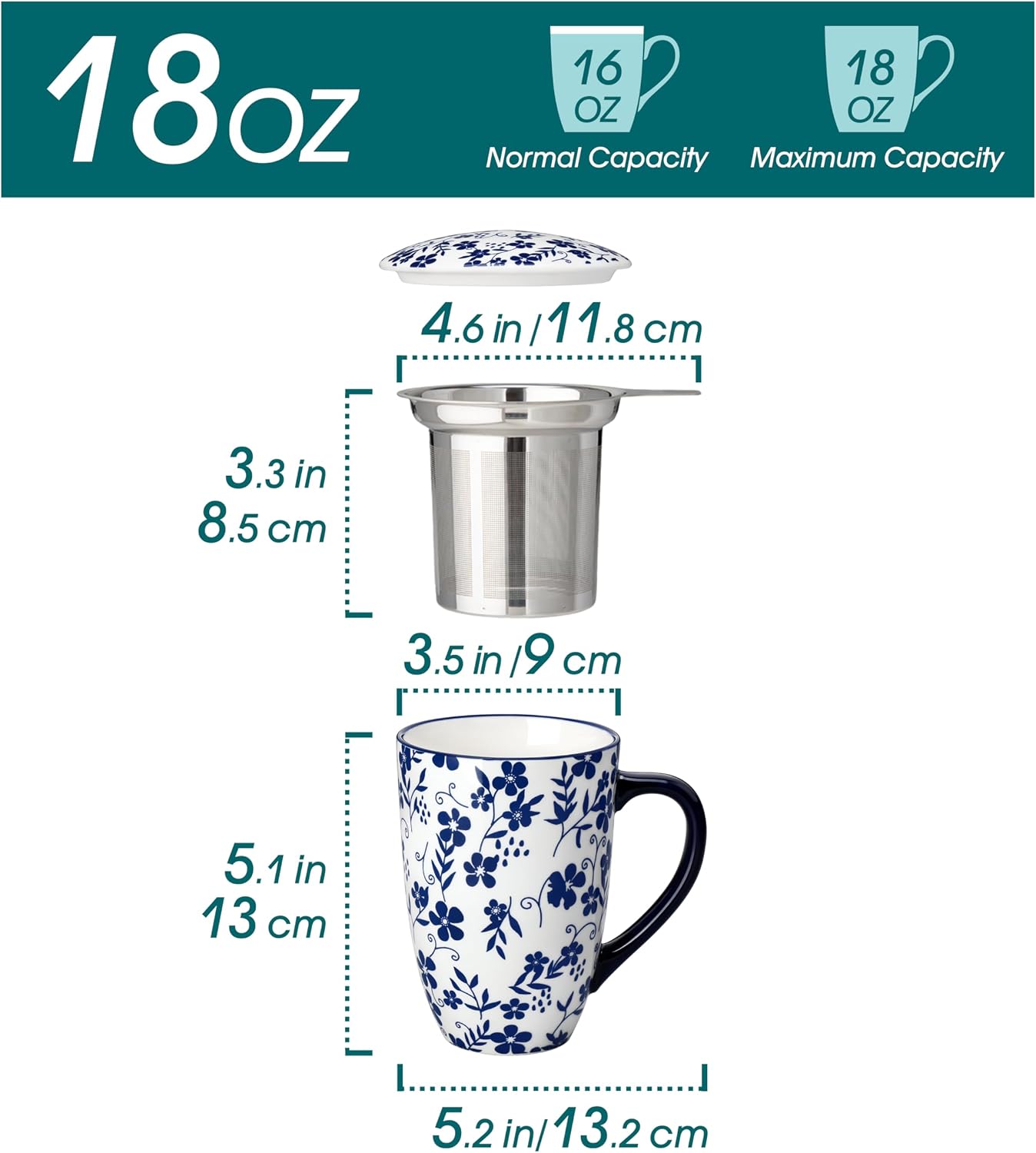 vancasso SELENE Porcelain Tea Mug, 18 oz Porcelain Tea Cup with Infuser and Lid Steeps Loose Leaf Tea, Microwave & Dishwasher Safe, Blossom Cluster