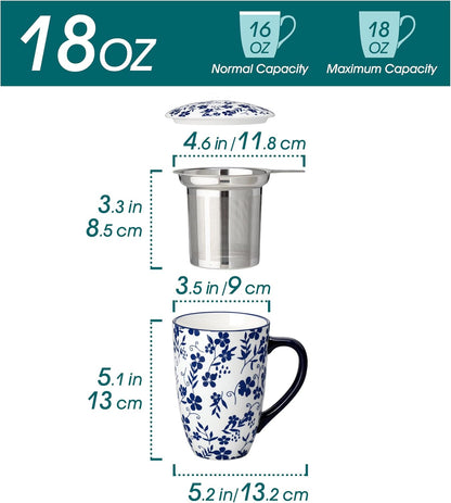 vancasso SELENE Porcelain Tea Mug, 18 oz Porcelain Tea Cup with Infuser and Lid Steeps Loose Leaf Tea, Microwave & Dishwasher Safe, Blossom Cluster