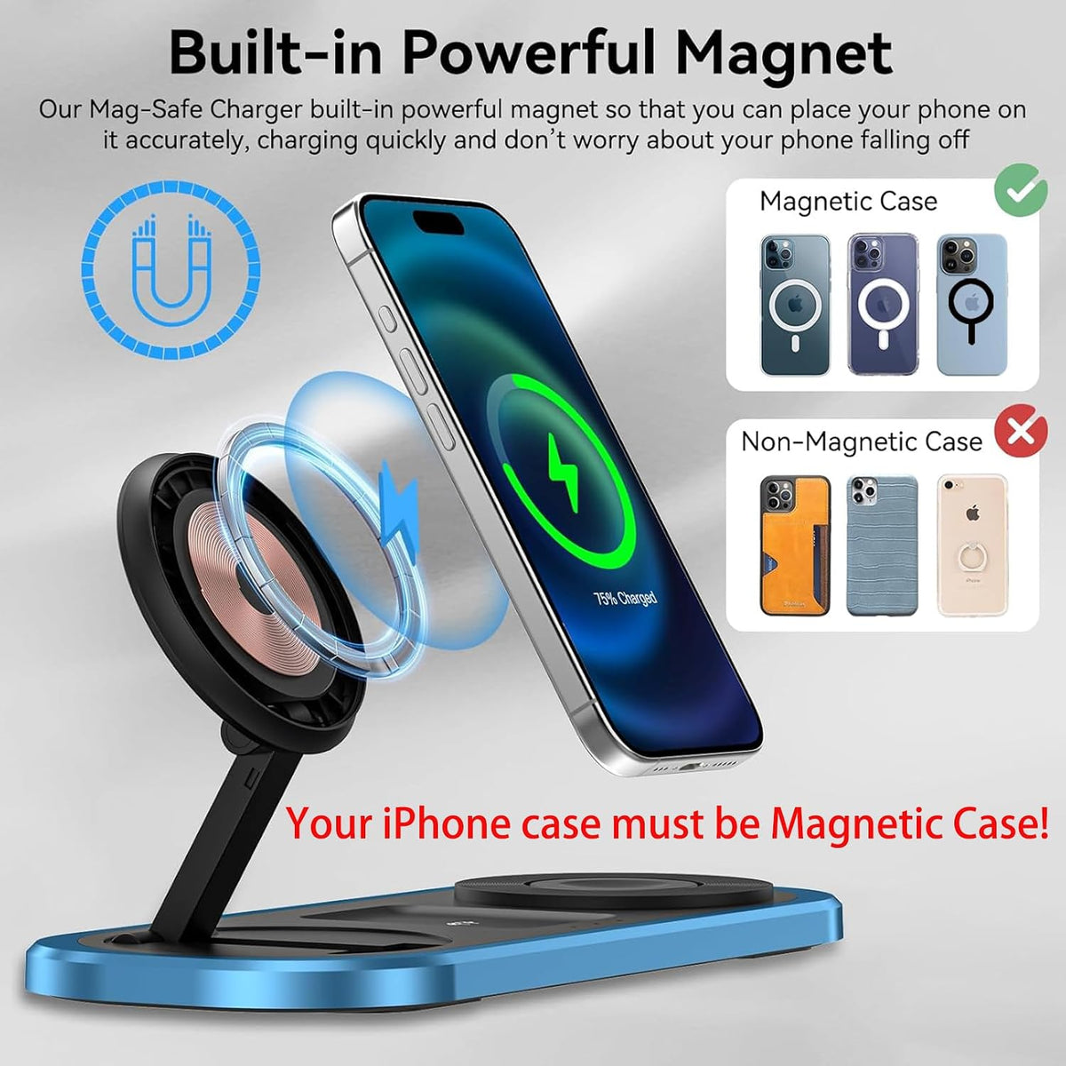 3 in 1 Fast Wireless Charger Stand for iPhone, Foldable Travel Charging Station for Magsafe for iPhone 17/Air/16/15/14/13/12 Series, Apple Watch Series, AirPods pro/2/3/4, Gifts for Women Men (Golden)