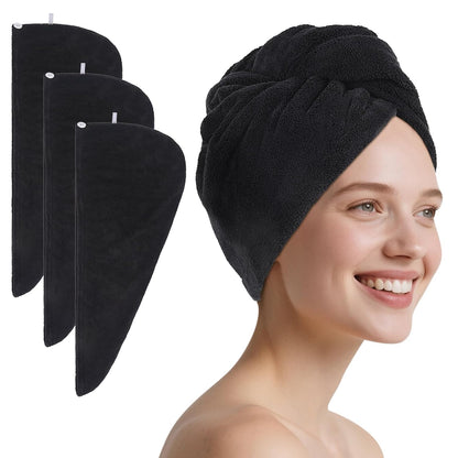 SINLAND Microfiber Hair Drying Cap Hair Towel Turban Twist for Women Fast Drying Towels Head Turban Absorbent Soft Lightweight 3 Pack Black