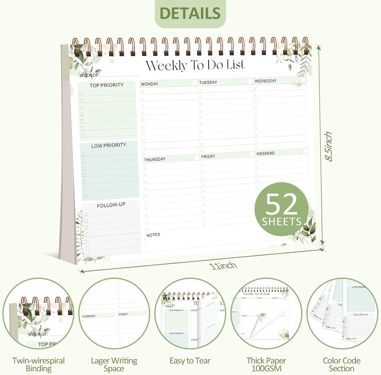 Weekly To Do List Notepad, 52 Sheets, Undated Weekly Planner, Letter Size | 8.5"x11", 100GSM, Thick Paper, Twin-Wire Spiral Bound, Tear Off Desk Pad, For Women & Man, Home School & Office Work