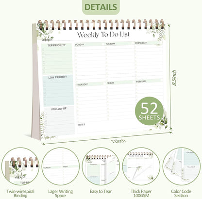 Weekly To Do List Notepad, 52 Sheets, Undated Weekly Planner, Letter Size | 8.5"x11", 100GSM, Thick Paper, Twin-Wire Spiral Bound, Tear Off Desk Pad, For Women & Man, Home School & Office Work
