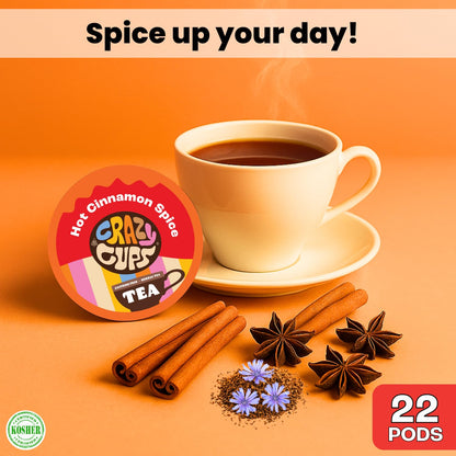 Crazy Cups Hot Cinnamon Spice Herbal Tea Pods, 22 Count | Caffeine Free, Kosher Certified, Warming Cinnamon & Star Anise Blend, K Cup Compatible Pods, Bold Spiced Flavor, Gluten Free, Vegan, Hot or Iced Herbal Tea