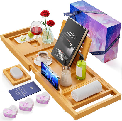 Bamboo Bathtub Tray Caddy,Premium Bathtub Tray Caddy, Expandable Bath Tray,Gifts for Women,Black