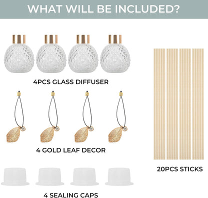 4-Piece Reed Diffuser Set with Metal Golden Decoration, 3.5-4.2oz Empty Bottles and 20 Reed Sticks, Unique Design for Home and Office (4 Different Bottles)