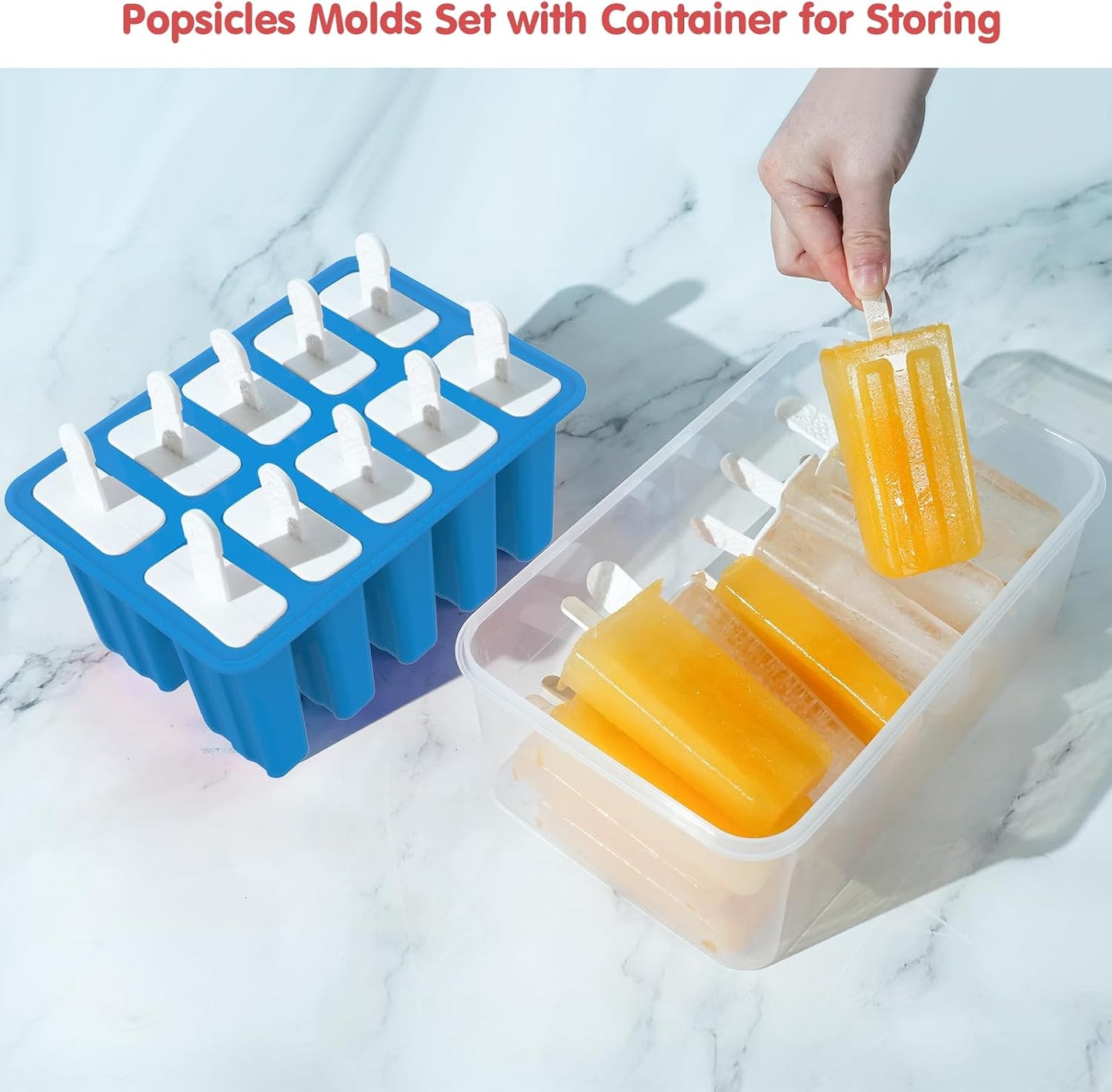 Miaowoof Homemade Popsicle Molds, 10-Cav Non-BPA Silicone Ice Pop Maker, with 50 Sticks, 50 Bags, 10 Reusable Sticks, Funnel, Brush and Ice Pop Recipe (Red)