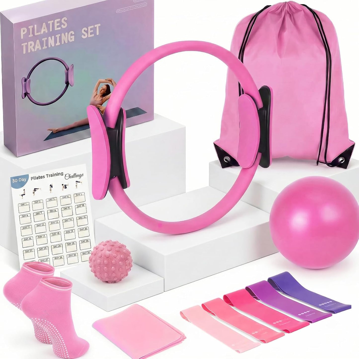 At Home Pilates Kit for Women, Home Workout Pilates Equipment Set with Pilates Ring, Ball, Pedal Resistance Band, Resistance Bands, Yoga Strap, Bag, Pilates Essentials Kit for Starter, Beginners