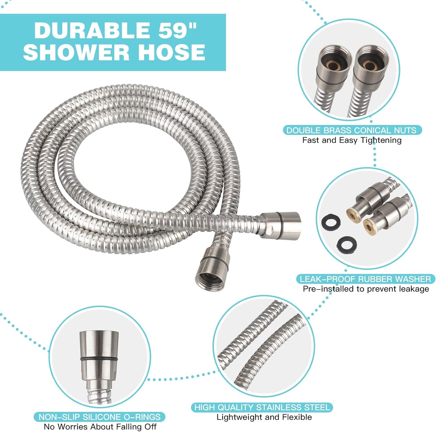 6-Setting Shower Head with Handheld, JDO High Pressure Hand held Shower Head, 4.7 Inch Chrome Detachable Showerhead Set with 59 Inch Stainless Steel Hose and Adjustable Showerhead Holder