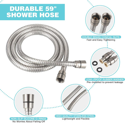 6-Setting Shower Head with Handheld, JDO High Pressure Hand held Shower Head, 4.7 Inch Chrome Detachable Showerhead Set with 59 Inch Stainless Steel Hose and Adjustable Showerhead Holder