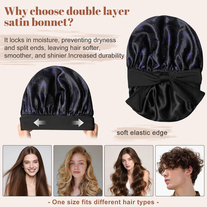 Satin Bonnet for Sleeping Cap Double Layer Hair Bonnet with Elastic Tie Band for Curly Hair Night Cap (Bean Paste + Pink)