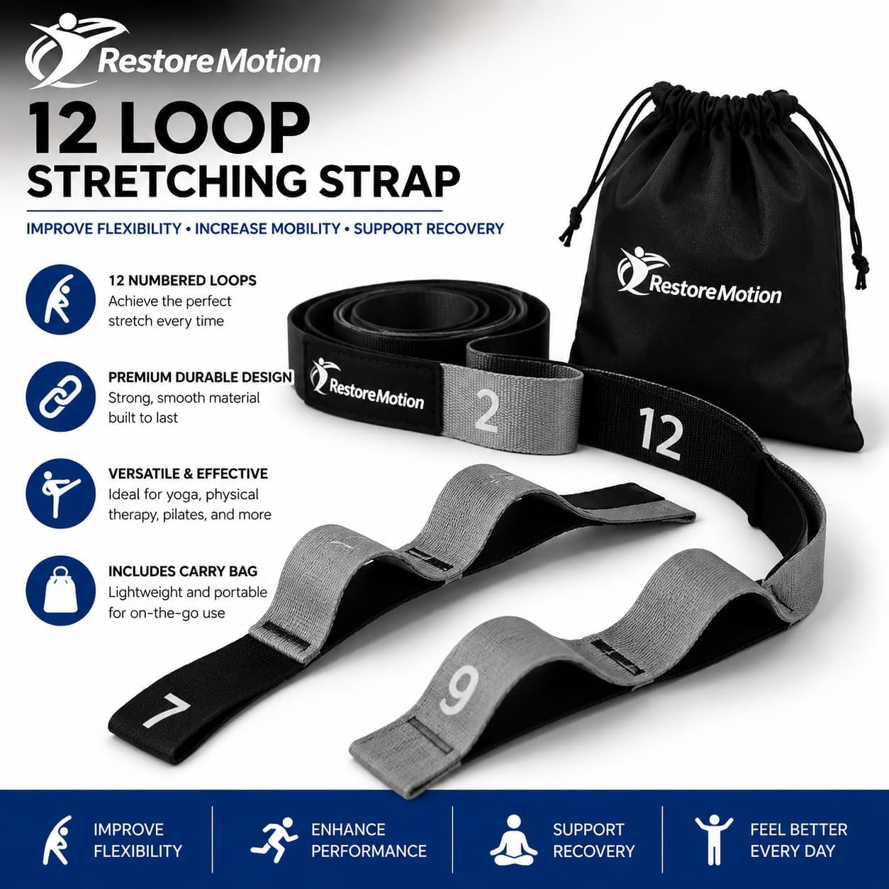 12 Loop Stretching Strap for Physical Therapy, Yoga, Flexibility & Rehabilitation