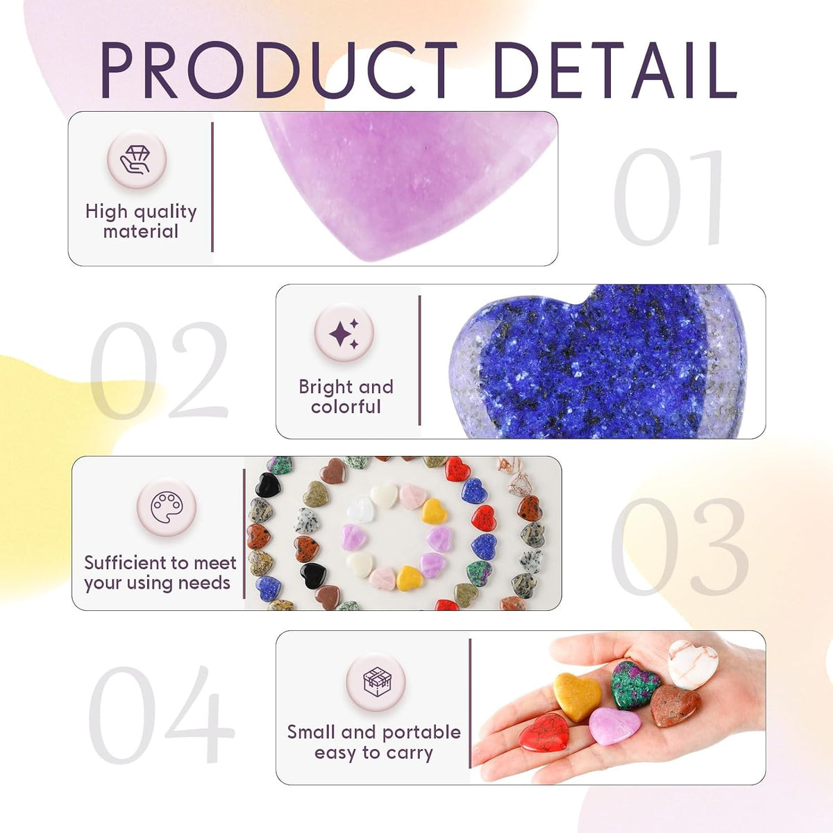 Nuenen 72 Pcs Heart Worry Healing Stone 0.8 in Polished Crystal Chakra Gems