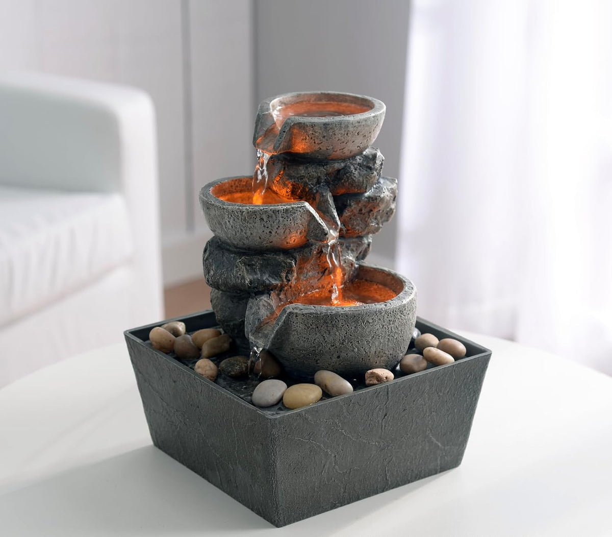 Haobos Decorative Indoor Fountain 3-Bowl Rockery Soothing Sound Tabletop Fountains Home/Office Decor with Led Light/Some Cobblestones(1556A)