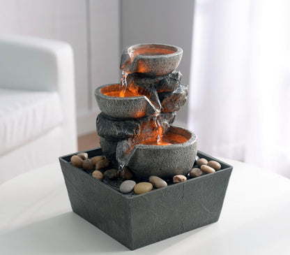 Haobos Decorative Indoor Fountain 3-Bowl Rockery Soothing Sound Tabletop Fountains Home/Office Decor with Led Light/Some Cobblestones(1556A)