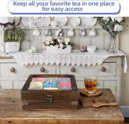 MOLIGOU Wood Tea Box Organizer, Tea Storage Chest with Glass Lid, 9 Compartments, Tea Bag Holder Organizer for Cabinet, Pantry