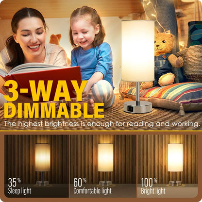 Yarra-Decor Bedside Table Lamp with USB Ports - Touch Control for Bedroom 3 Way Dimmable Nightstand Lamp with Round Fabric Shade for Living Room, Dorm, Home Office, Corded Electric, Without Battery